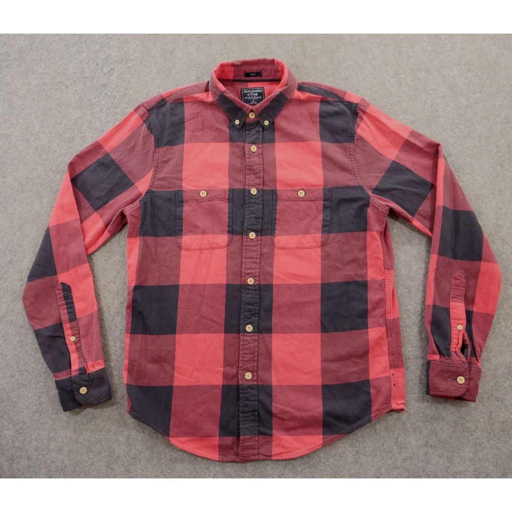 Abercrombie Fitch Shirt Mens Large Red Black Button Long Sleeve Plaid Twill